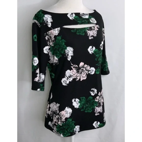 Carmen Marc Valvo Black Green White Floral 1/2 Sleeve Stretchy Blouse M - Picture 8 of 10
